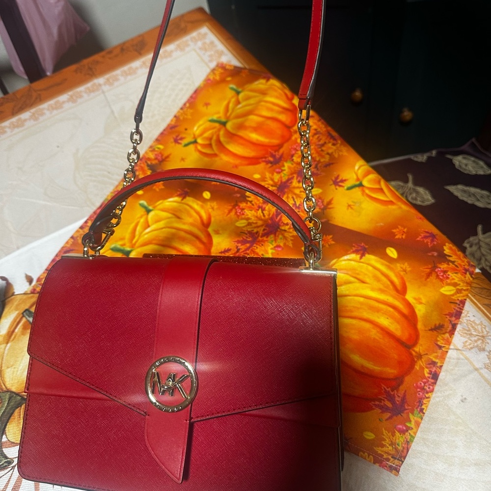 Michael Kors Red Shoulder Bag with Gold Accents